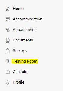 Accommodate menu with Testing Room tab highlighted