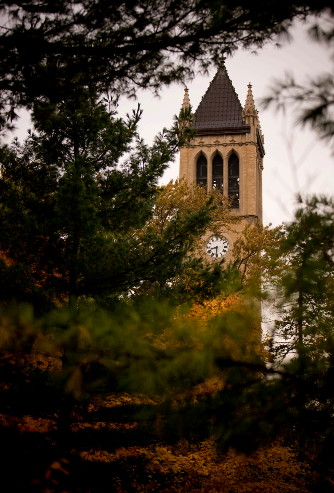 A moody, warm colored photo of the campanile peeking out behind the trees.