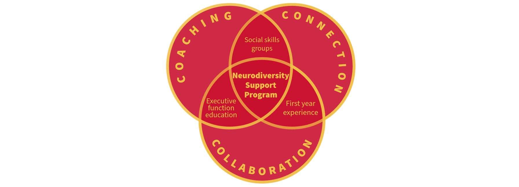 Venn-Diagram with three sections overlapping. Coaching, Collaboration, and connection. The overlapping pieces show social skills group, executive function education, and first year experience. All of these land under the Neurodiversity support program