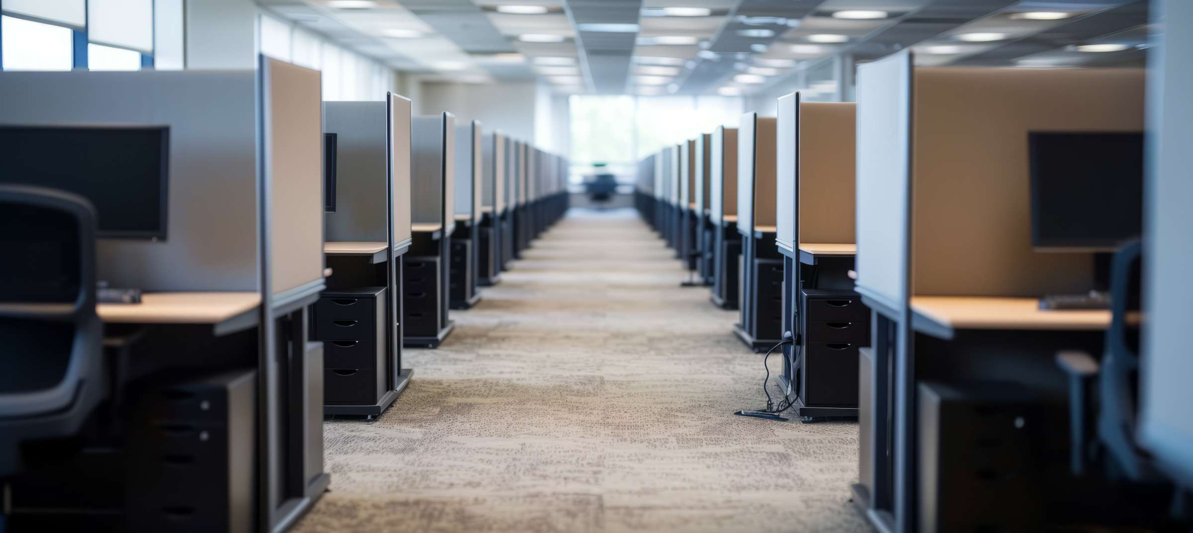 photo of rows of desks with computers and privacy dividers in a testing center