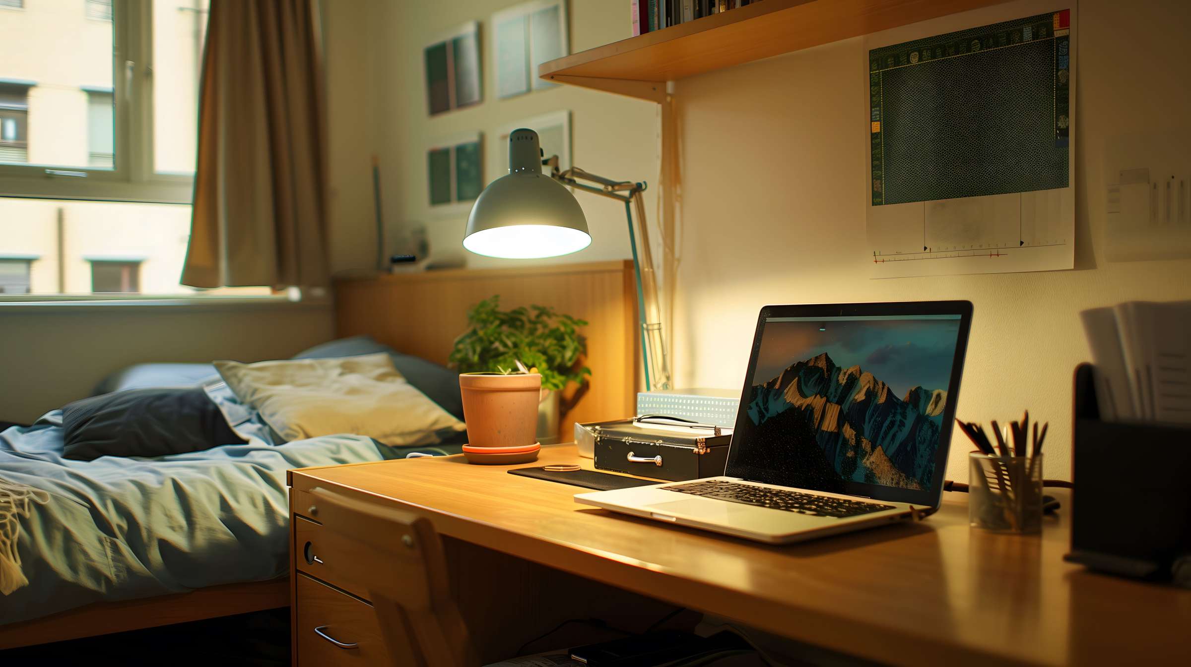 Image of a college dorm room, with an open laptop and lamp on a desk