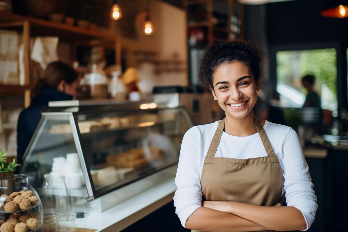 Female student standing in front of a coffee bar with arms crossed smiling as she works her shift