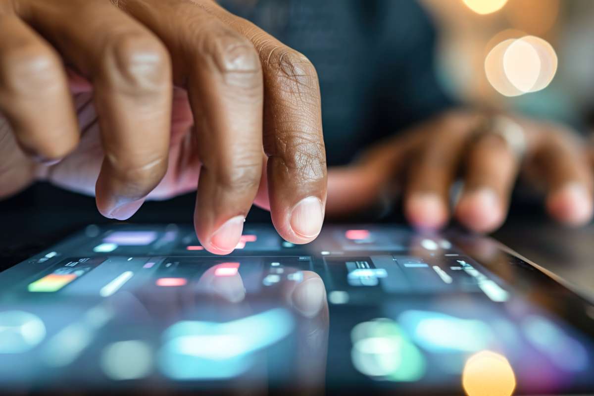 Up close photo of a person's fingers taping on a screen that is glowing