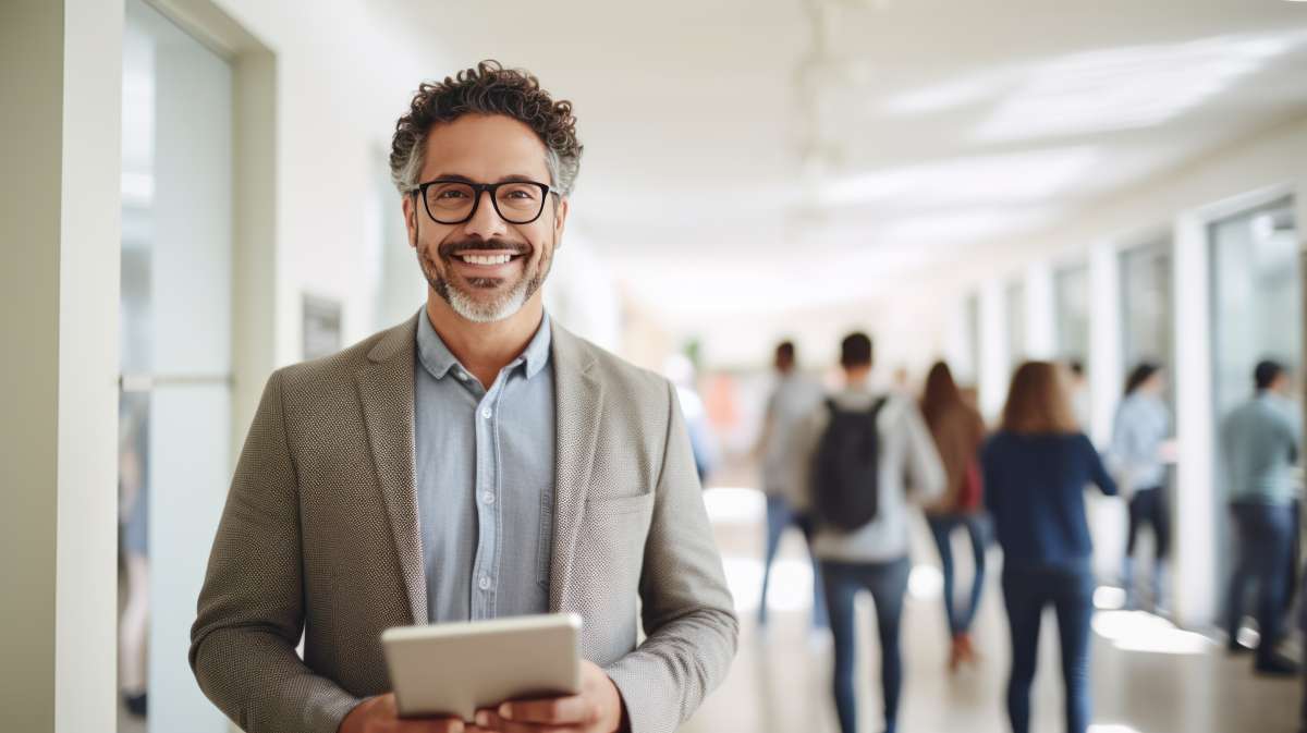 Photo of a male faculty member, smiling at the camera in the hallway with students walking in the background. The faculty has dark curly hair with a beard and glasses