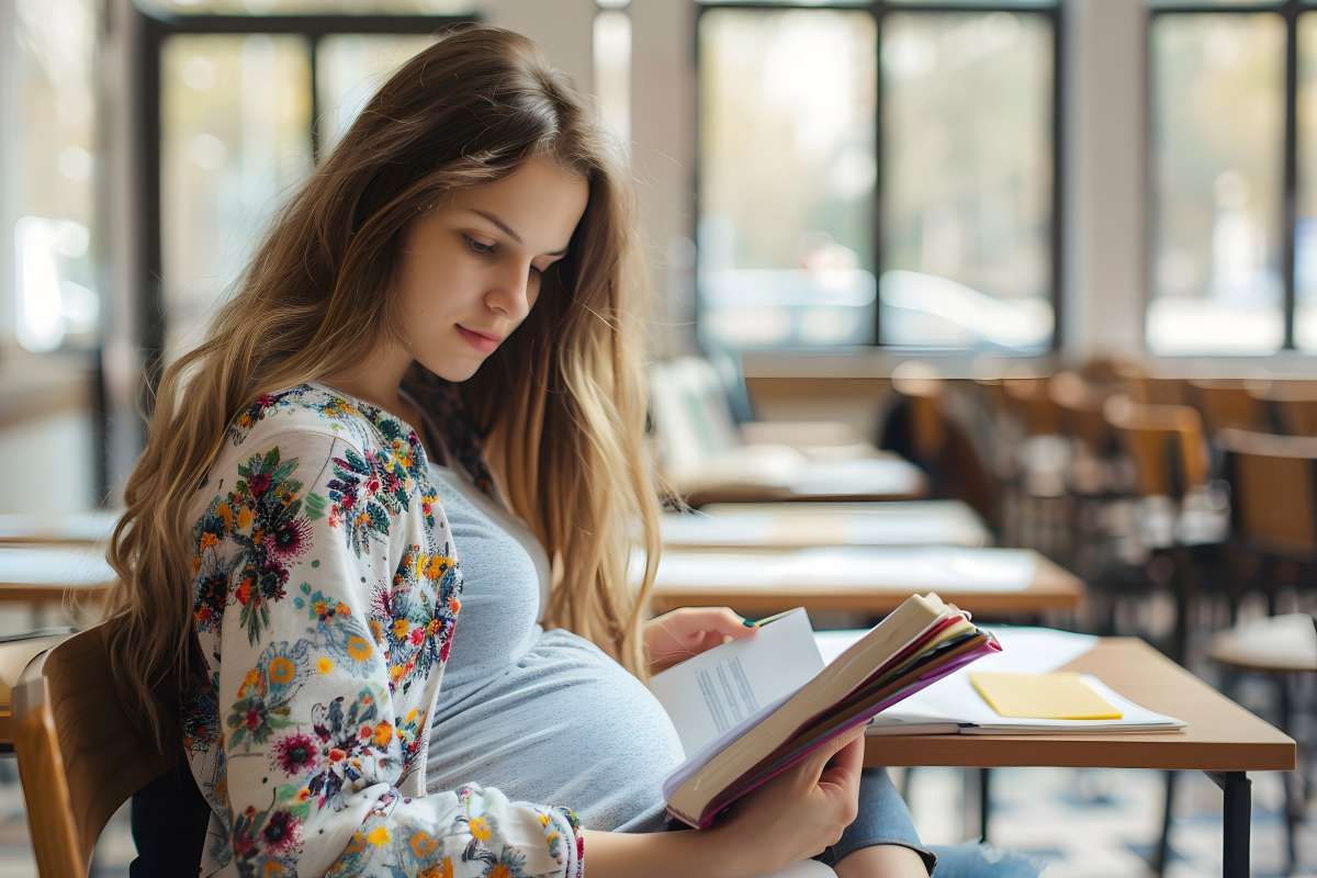 Pregnant woman sitting in a classroom reading a book