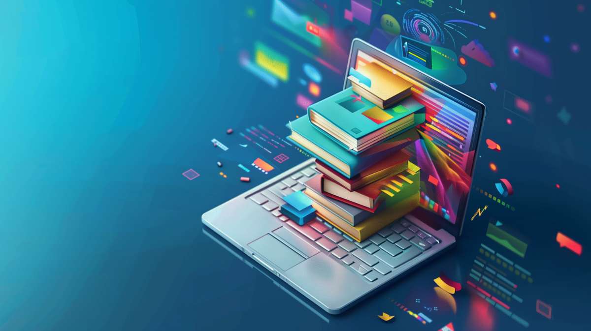 Image of a laptop in a virtual universe with textbooks popping out of the screen