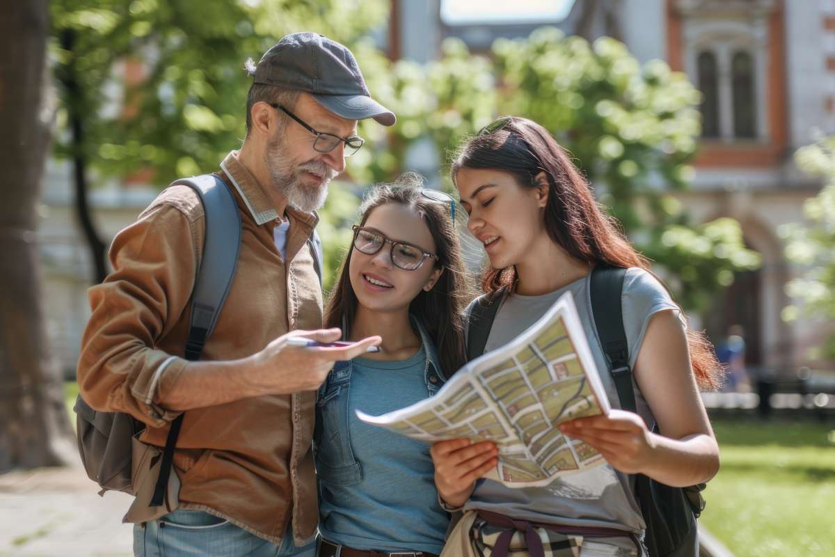 A family consisting of a Father on the left, a younger daughter in the Middle and an older daughter on the Right look at college campus map.