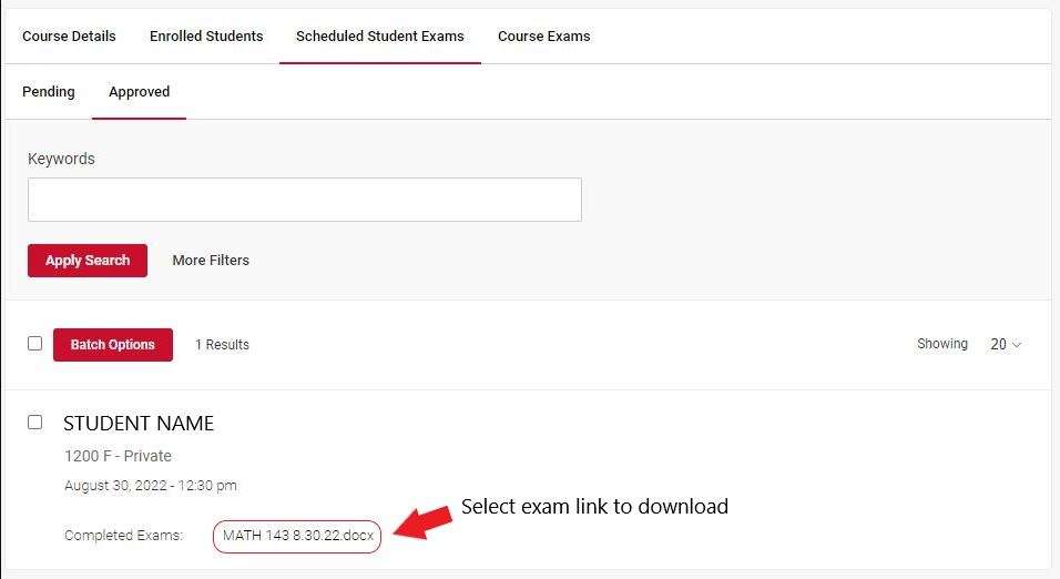 Accommodate screen with arrow pointing at the completed exam document link