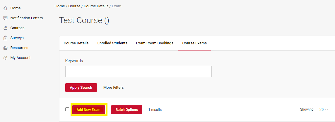 Accommodate page with Add New Exam button highlighted