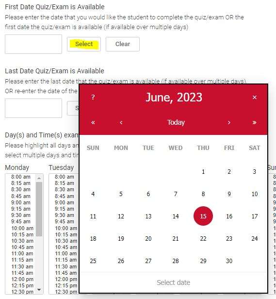 Accommodate screen showing calendar for selecting exam dates.