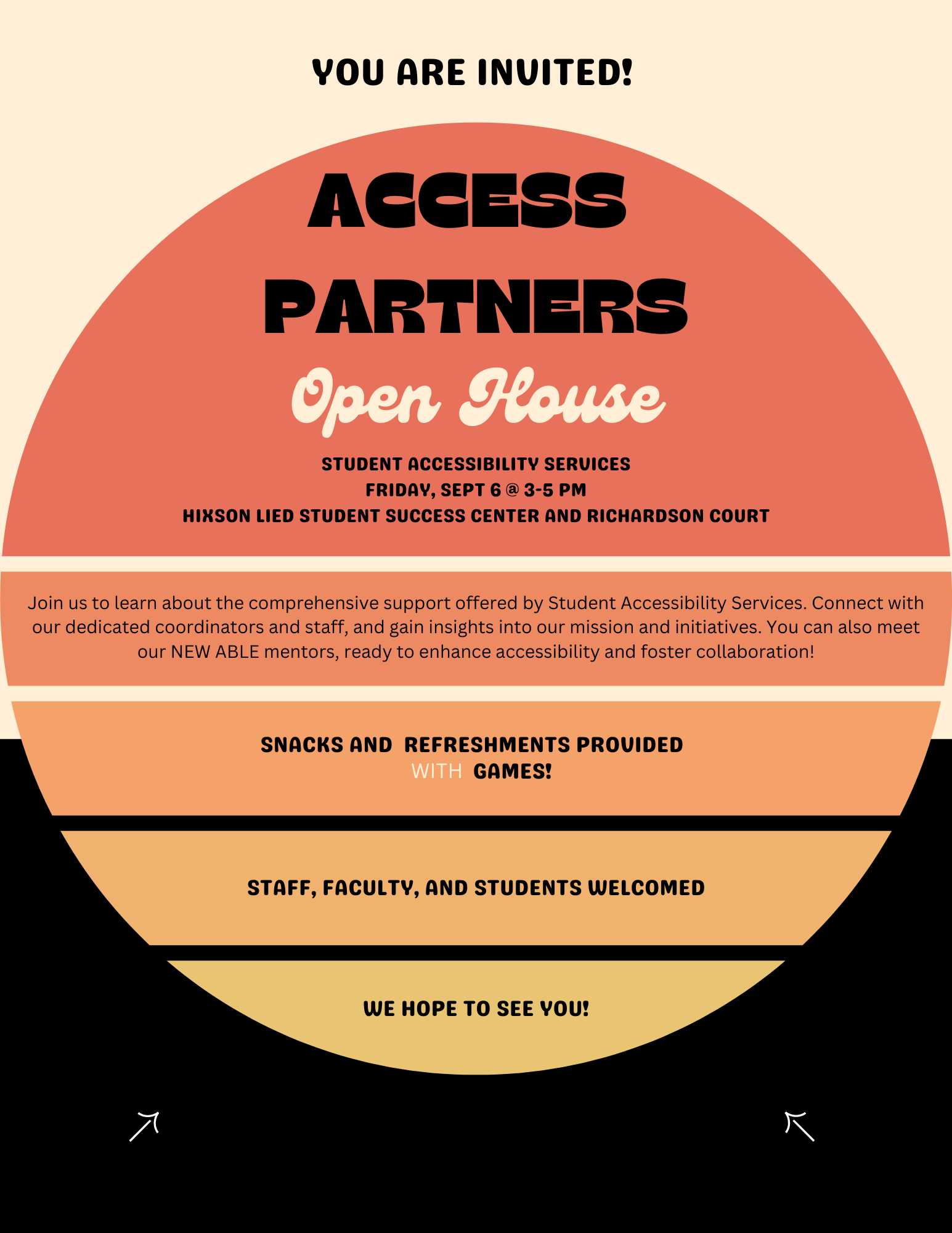Flyer for SAS Open Housing. Come for free food, drinks, and games. Located in the Hixon-Lied Student Success Center & Richardson Court. Open for Students, Faculty, and Staff. Drop in and meet the team and learn more about what we can offer. September 6th, 2924 from 3:00 pm - 5:00 pm