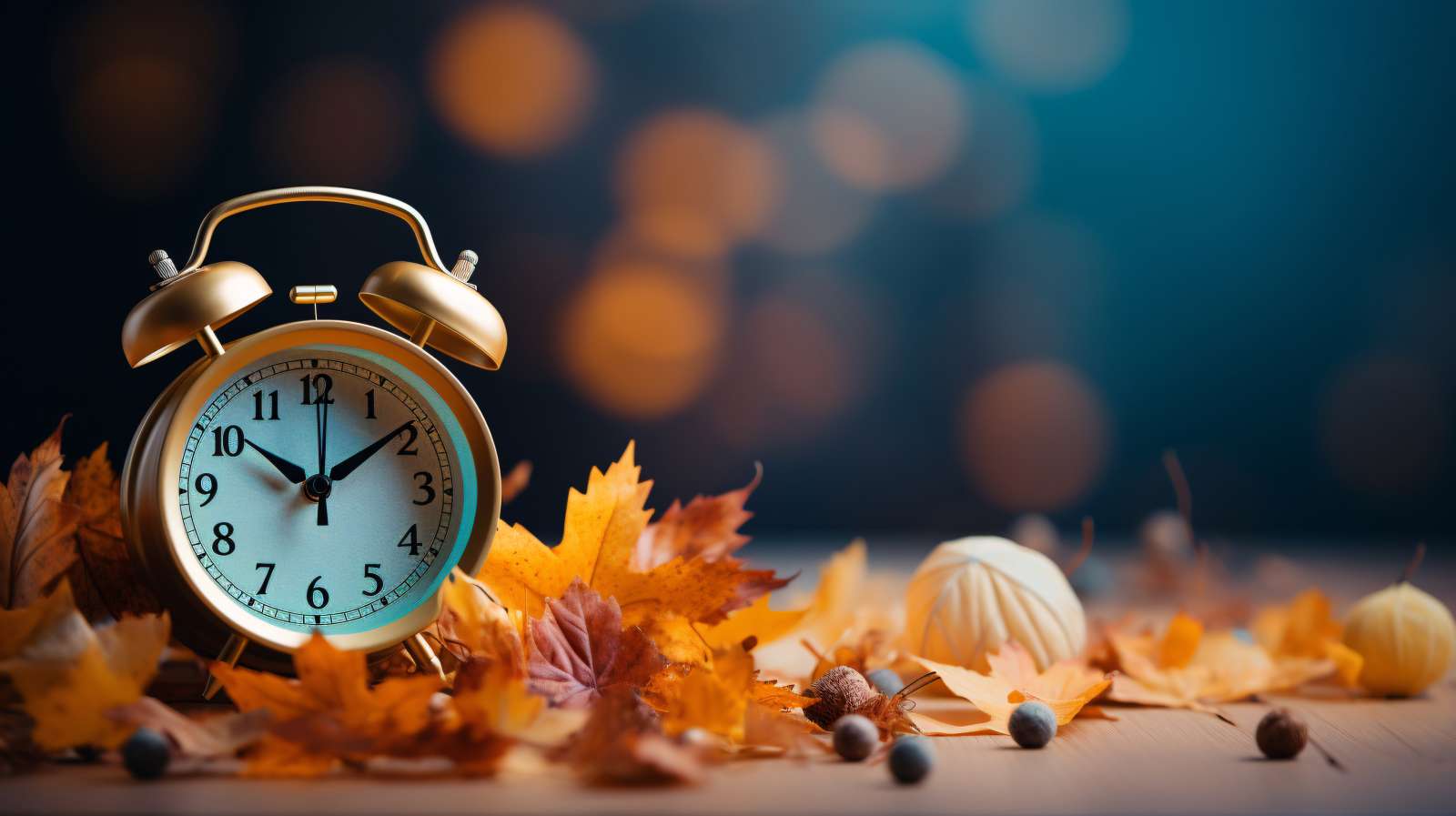 Golden clock sitting in a pile of leaves