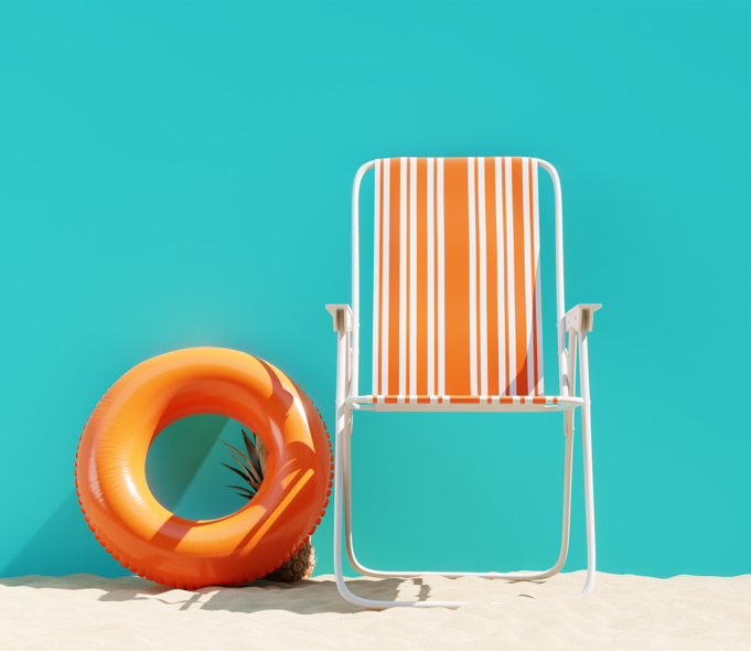 Photo of orange and white striped beach folding chair with an orange round innertube in front of a teal backdrop