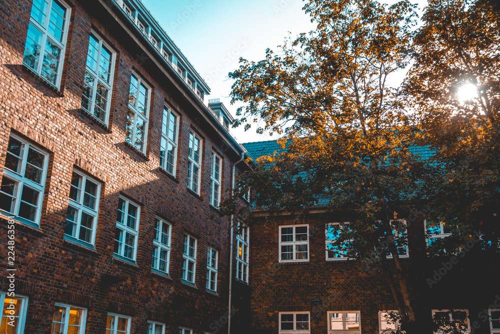 Outside view of a brick dorm building with trees in front and the sun streaming in above the dorm